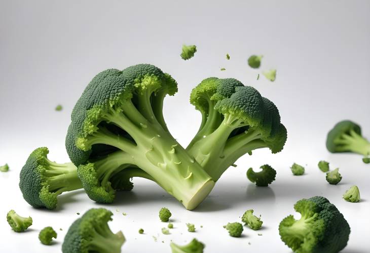 Close Up of Fresh Green Broccoli Falling on White Background  Vegetable Photography