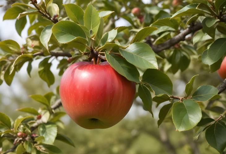 Close Up of Fresh Red Apple on Tree Highlighting Natural Texture and Vibrant Hue