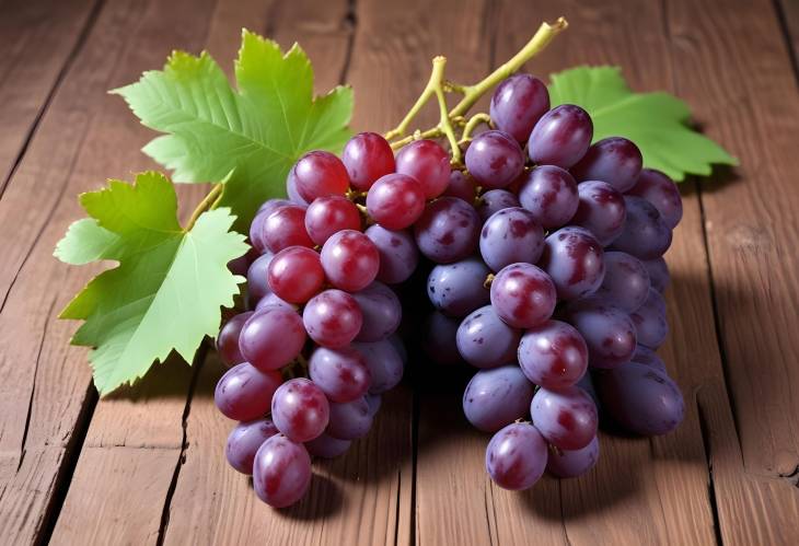 Close Up of Grapes and Leaves on a Weathered Wood Surface