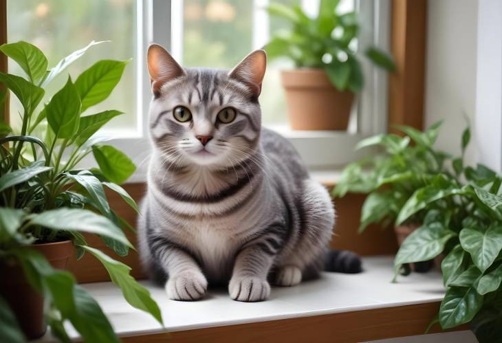 Close Up of Gray Domestic Cat with Houseplants on Window Sill