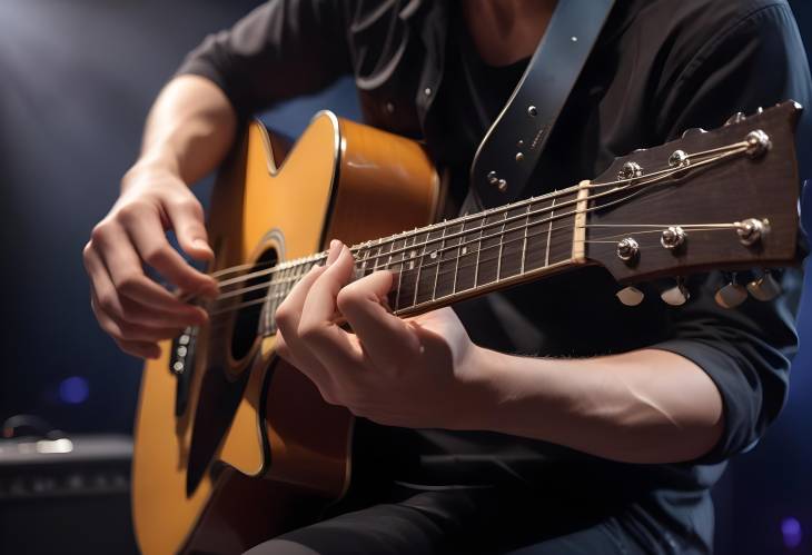 Close Up of Guitarists Hands Strumming the Strings with Passion During a Live Performance on Stage