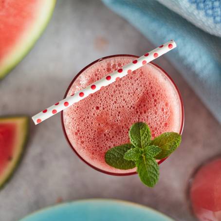 Close Up of Juicy Watermelon Smoothie and Juice for a Cool Summer Drink