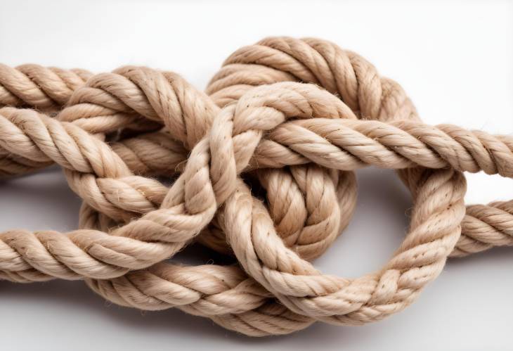 Close Up of Knotted Jute Rope on White Backdrop