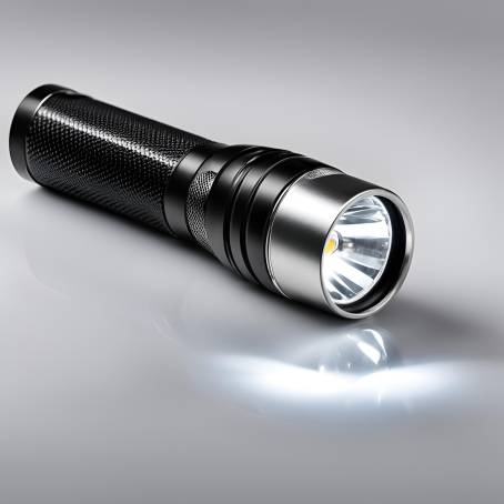 Close Up of LED Flashlight Silver and Black Handle, Black Plastic Torch Head on White Background