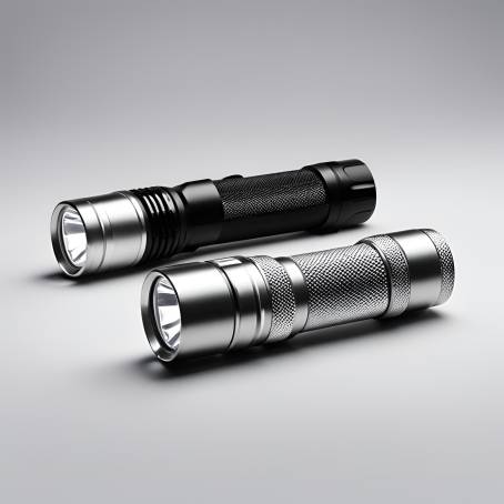 Close Up of LED Flashlight Silver and Black Handle with Black Plastic Head Isolated on White