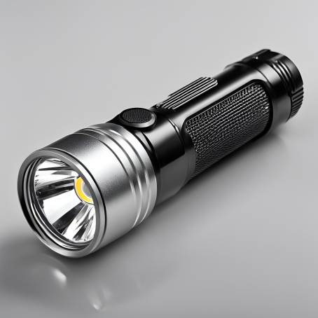 Close Up of LED Flashlight Silver and Black Handle with Black Plastic Torch Head on White