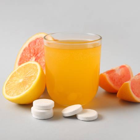 Close Up of Orange Vitamin C Dissolving in Water with Bubbles