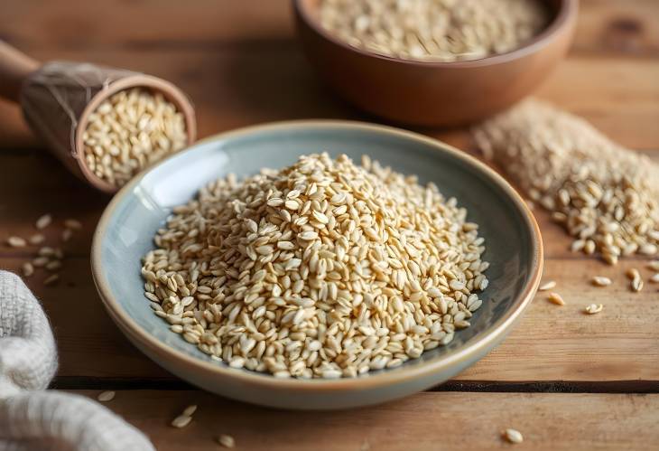 Close Up of Raw Organic Spelt on Wooden Table  Texture of Whole Grains