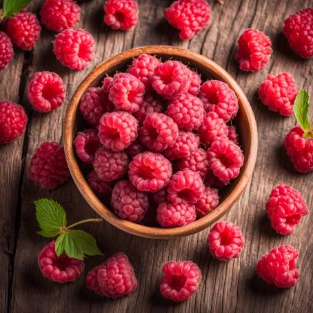 Close Up of Ripe Sweet Raspberries in a Bowl on Wooden Table Top Down View