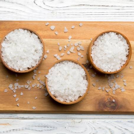 Close Up of Salt Crystals in a Wooden Plate