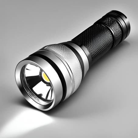 Close Up of Silver and Black LED Flashlight Black Plastic Head and Handle on White Surface