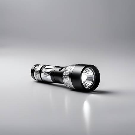 Close Up of Silver and Black LED Flashlight Black Plastic Torch Head Isolated on White Surface