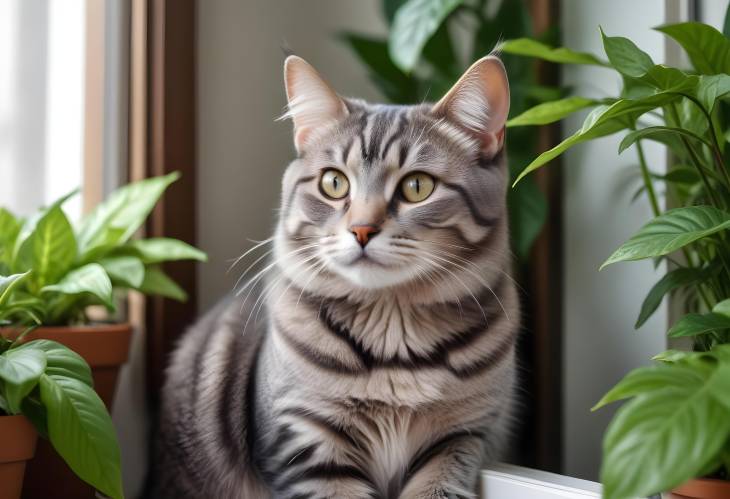 Close Up of Striped Cat with Houseplants in Window Scene