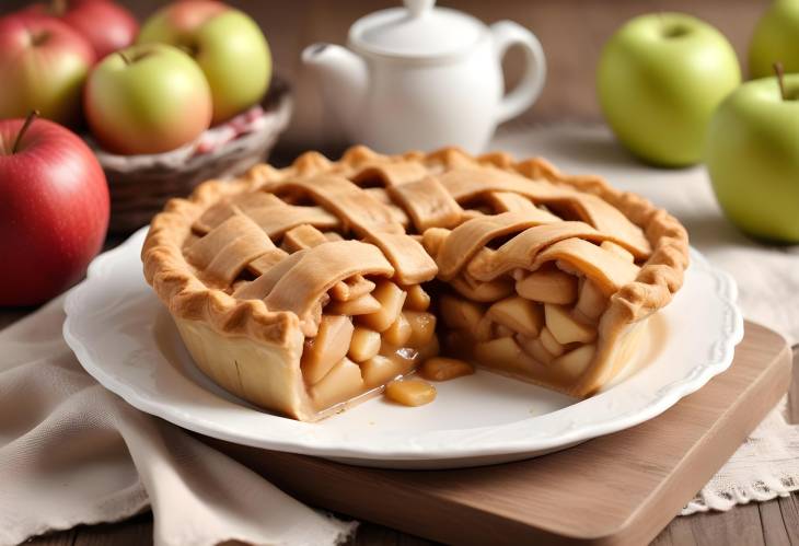 Close Up of Warm Apple Pie with Crust and Apple Filling on Wooden Table