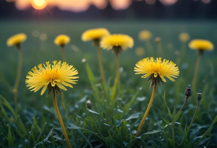 Close Up of Yellow Dandelions at Sunset on Dark Blue Green Background