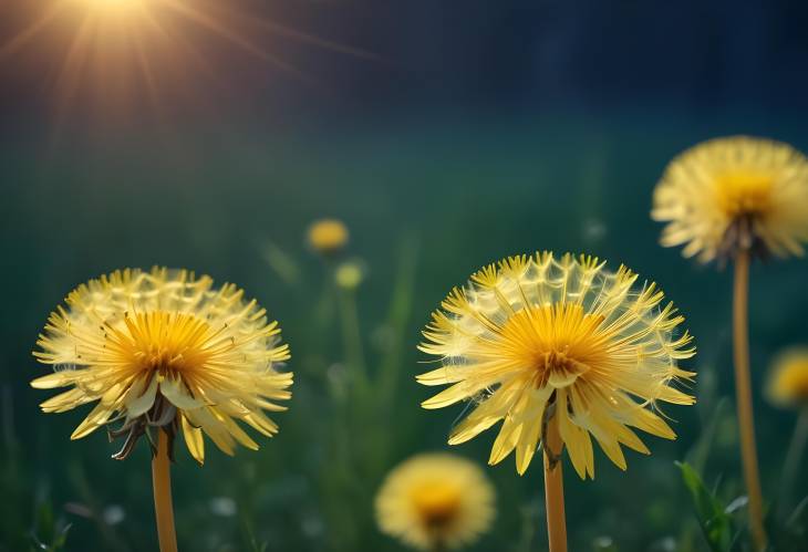 Close Up of Yellow Dandelions with Evening Sunset on Blue Green Background