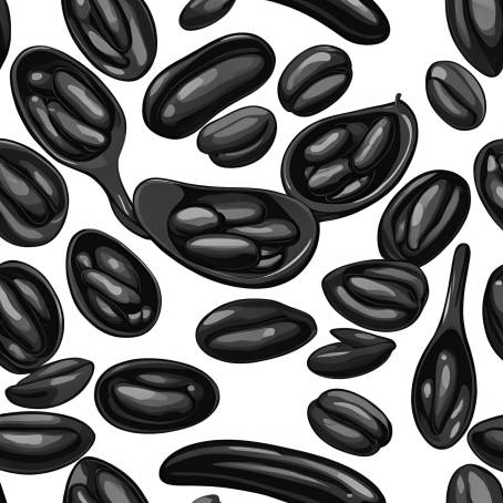 Close Up View of Black Beans in White Ceramic Spoon on Black Background Isolated Food Shot