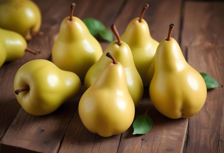 Close Up View of Fresh Pears on a Wooden Table Emphasizing Natural Texture and Quality