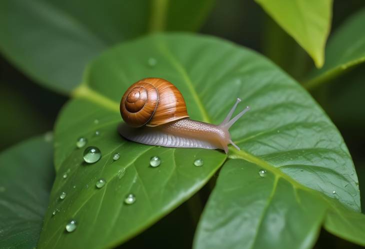 CloseUp of a Brown Snail on a Leaf with Water Droplets