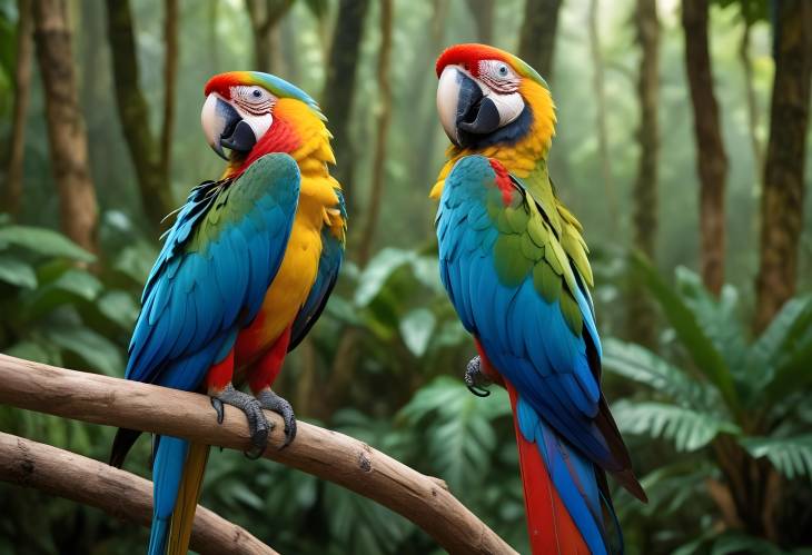 CloseUp of a Macaw Parrot with Vibrant Feathers Perched on a Branch in the Rainforest