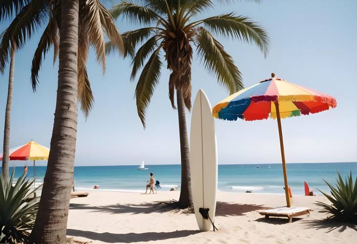 CloseUp of a White and Black Surfboard Leaning on a Gray Mexican Palm Tree with a Coastal View