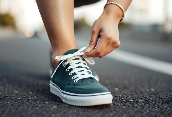 Closeup of a woman in trendy sneakers tying laces, ideal for fashion and sneaker enthusiasts