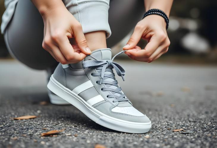 Closeup of a woman tying shoelaces on stylish sneakers, perfect for fashion and lifestyle shots