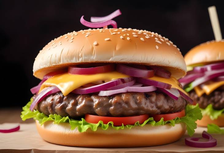 Closeup of Appetizing Cheeseburger with Melted Cheese and Red Onion