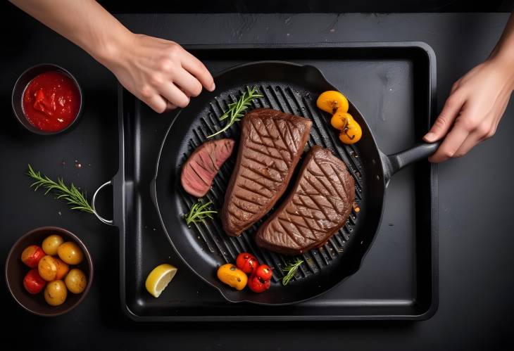 CloseUp of Beef Steak Grilling on Black Pan