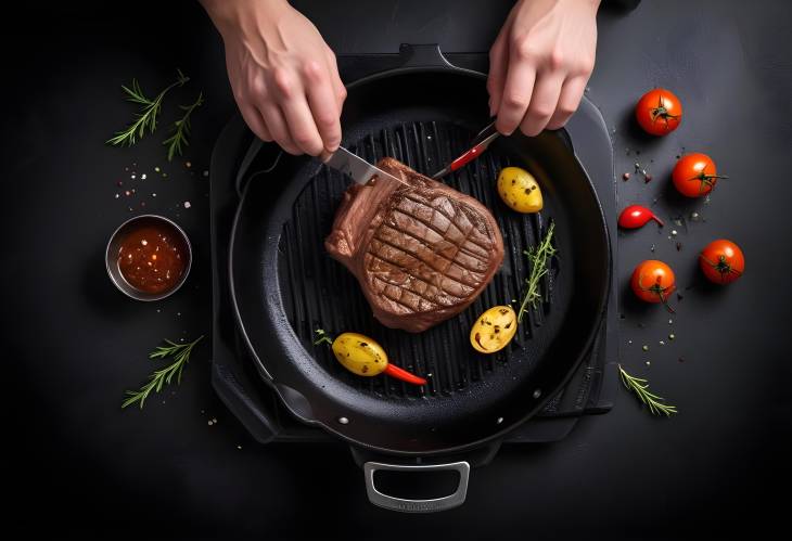 CloseUp of Chef Cooking Beef Steak on Grill Pan