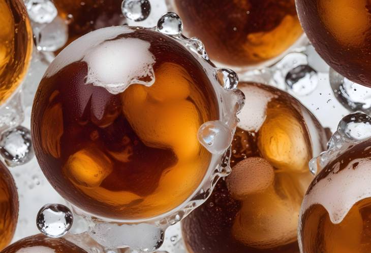 CloseUp of Cola with Ice Cubes Macro of Bubbles and Beverage Design in Refreshing Shot