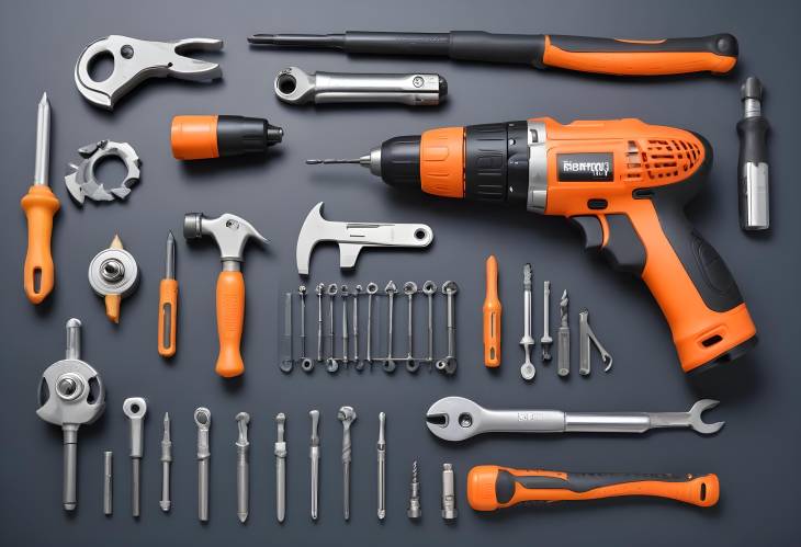 CloseUp of Cordless Drill and Monkey Spanner Among Other Essential Hardware Tools