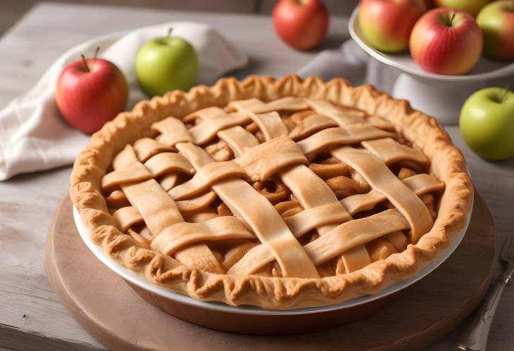 Closeup of Delicious Apple Pie on Table with Flaky Crust and Fresh Apples