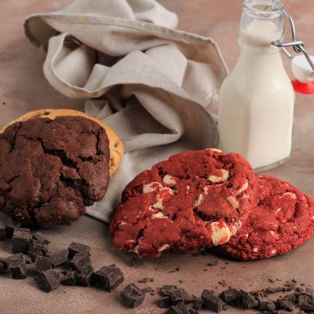 Closeup of Fresh Bakery Treats Apple Pie, Cookies, Cream Puff, Red Velvet Cake, Cupcake Set