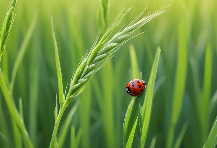 CloseUp of Green Wheat Ears with Ladybug in Spring Field