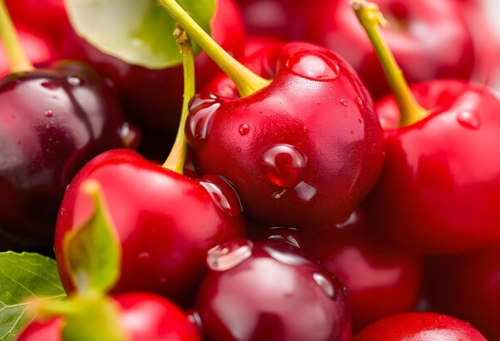 CloseUp of Luscious Red Cherries with Dew