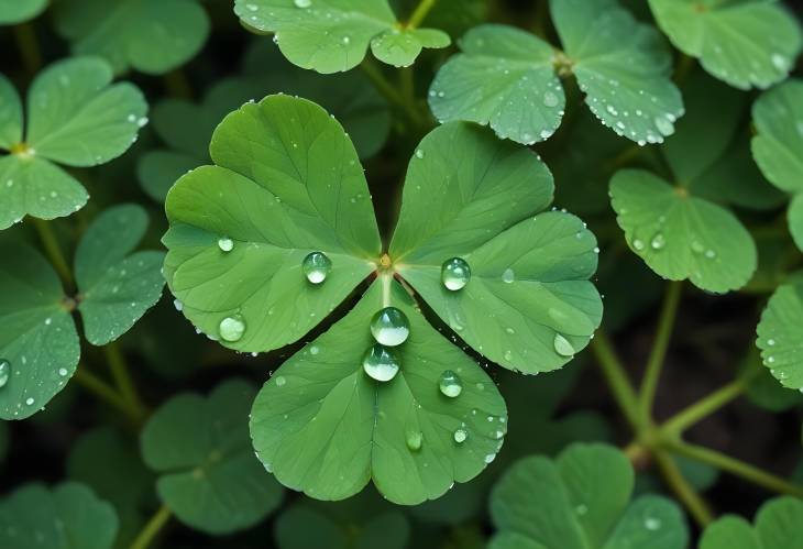 CloseUp of Morning Dew and Raindrops on Clover Leaves