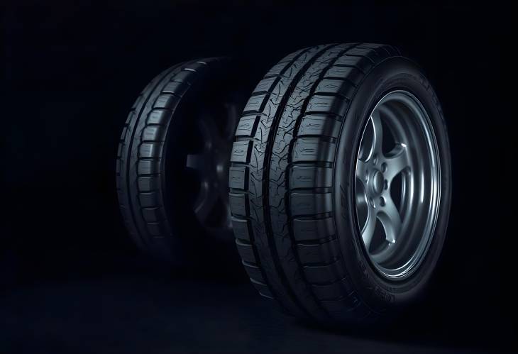 CloseUp of New Tires on Dark Isolated Background Ideal for Automotive Needs