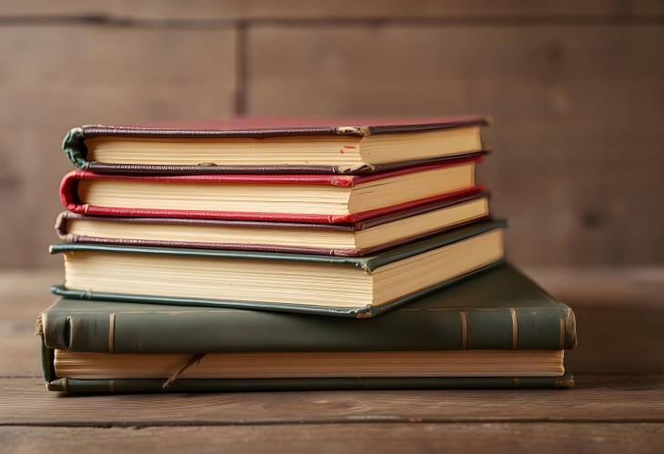 Closeup of old hardcover books stacked on wooden background, a vintage reading collection