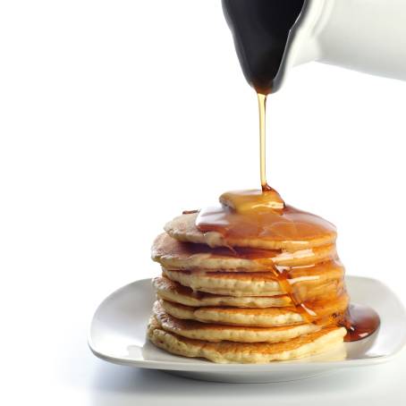 CloseUp of Pancakes with Syrup and Butter on White Plate