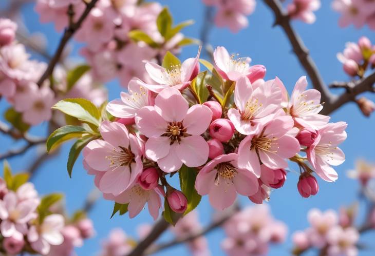 CloseUp of Pink Apple Blossoms Against Blue Sky