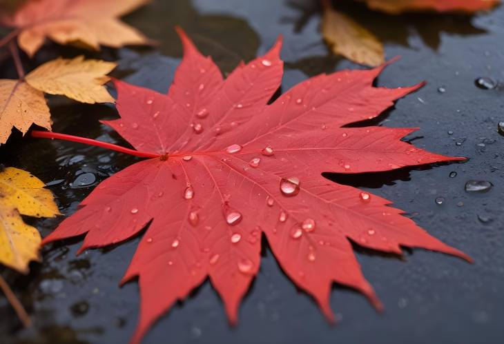 CloseUp of Red Leaf with Water Droplets Autumn in New Hampshire, USA