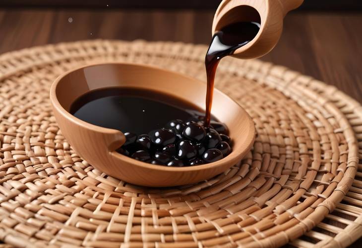 Closeup of Soy Sauce Drops Falling into Bowl on Wicker Mat  Gourmet Food Photography