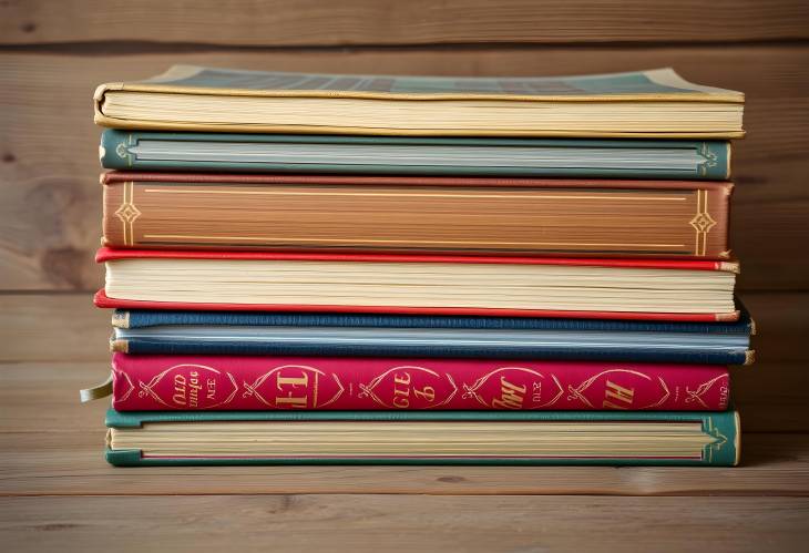 Closeup of stack of old hardcover books on wooden background, a vintage literary collection