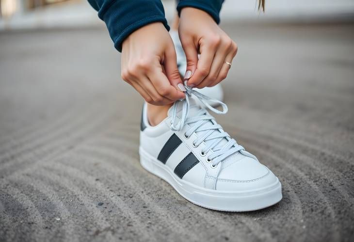 Closeup of stylish sneakers with a woman tying shoelaces, perfect for fashion and lifestyle visual