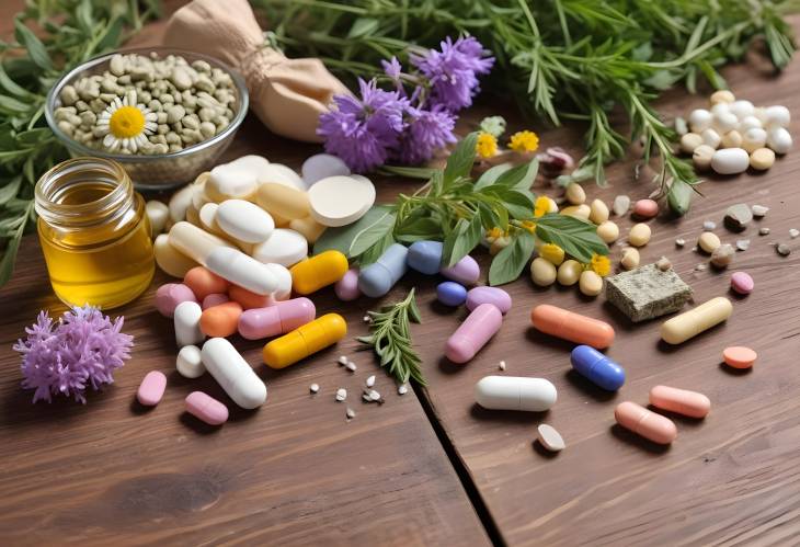 Closeup of Various Dietary Supplements Pills, Herbs, and Flowers on Wooden Table, Natural Remedies