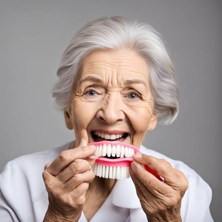 CloseUp View of an Elderly Woman Brushing Her Dentures, Showcasing a Gentle Approach to Oral Hygiene