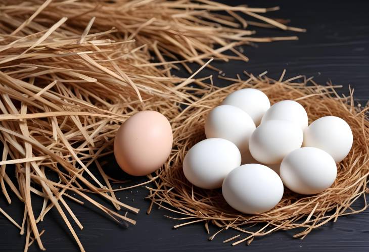 CloseUp View of Fresh Chicken Eggs Nestled in Dried Straw on a Black Wooden Table