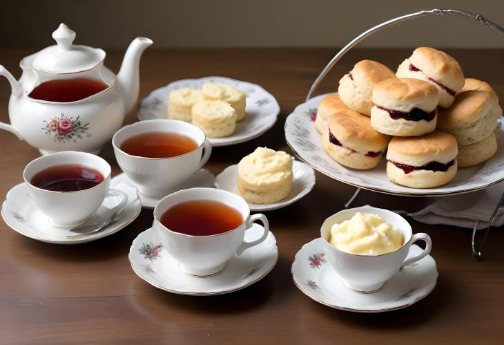 Clotted Cream Tea Bliss Scones with Clotted Cream and Jam, Accompanied by Tea