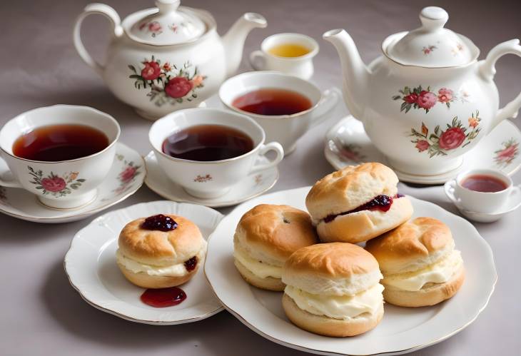 Clotted Cream Tea Delight Scones with Jam and Cream, Perfectly Served with Tea